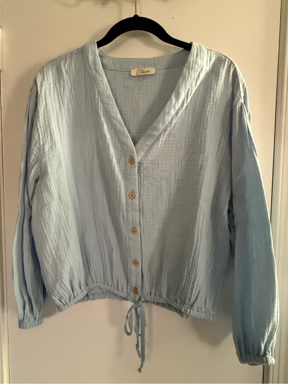 Elan Light Blue Button-Down V-Neck 100% Cotton Drawstring Hem Top - Size M